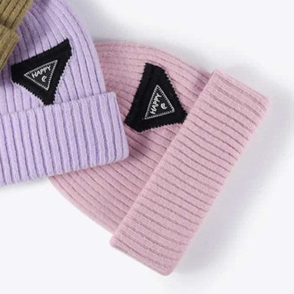 HAPPY Beanie Color Contrast Hat Ribbed Knit Minimalist Warm Toboggan Skull Cap - Picture 9 of 13